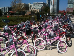 bike build 4.24.10  - pink bikes close-up