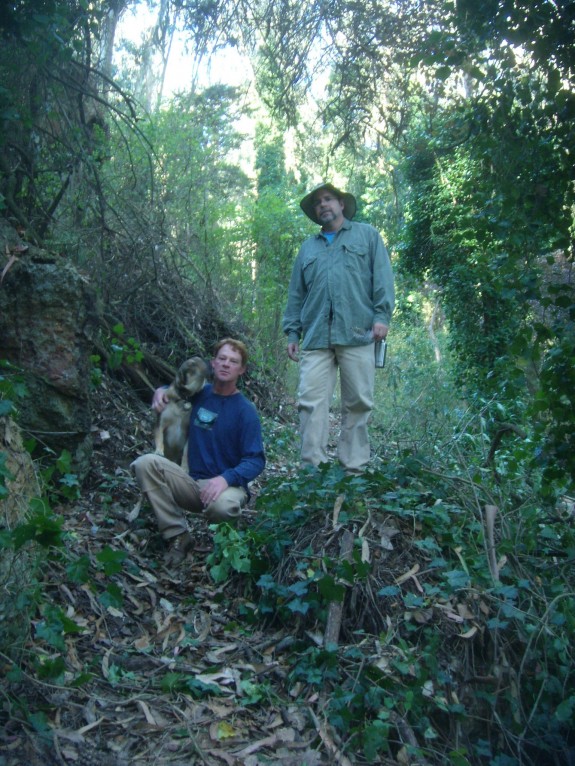 DSCN3272 Chris Ruedy, Craig Dawson, and Bandit at one of the hidden Chert Rock outcrops that are waiting to become cool trailside features.